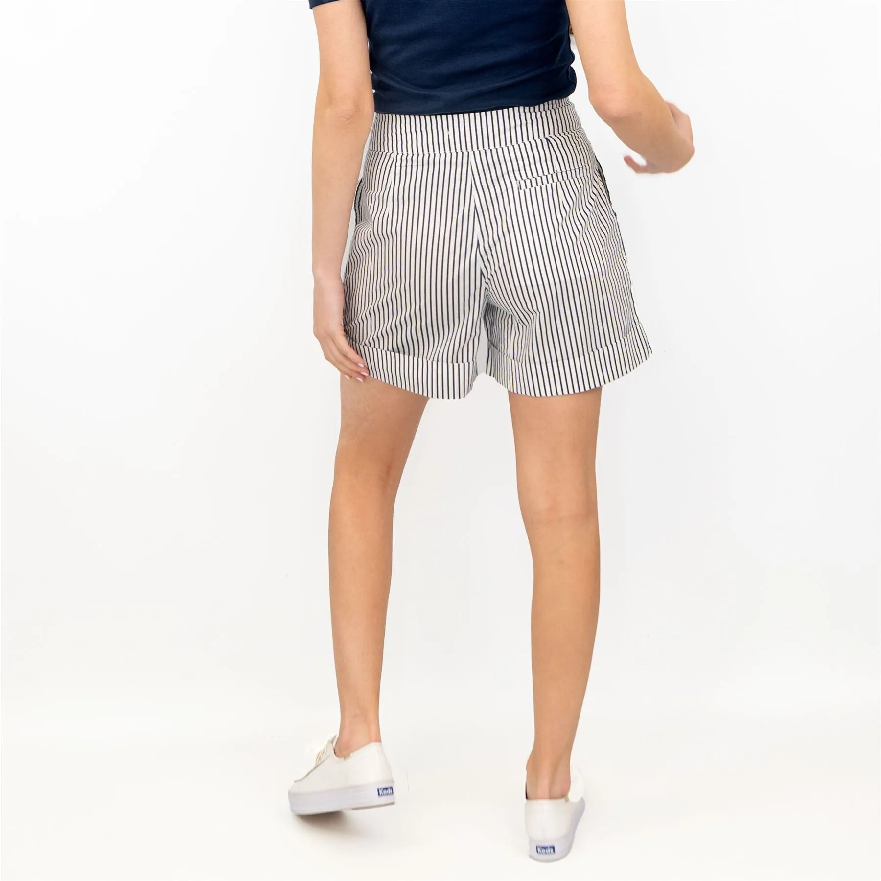 I Saw It First Women White Blue Stripe Casual Shorts with Pockets