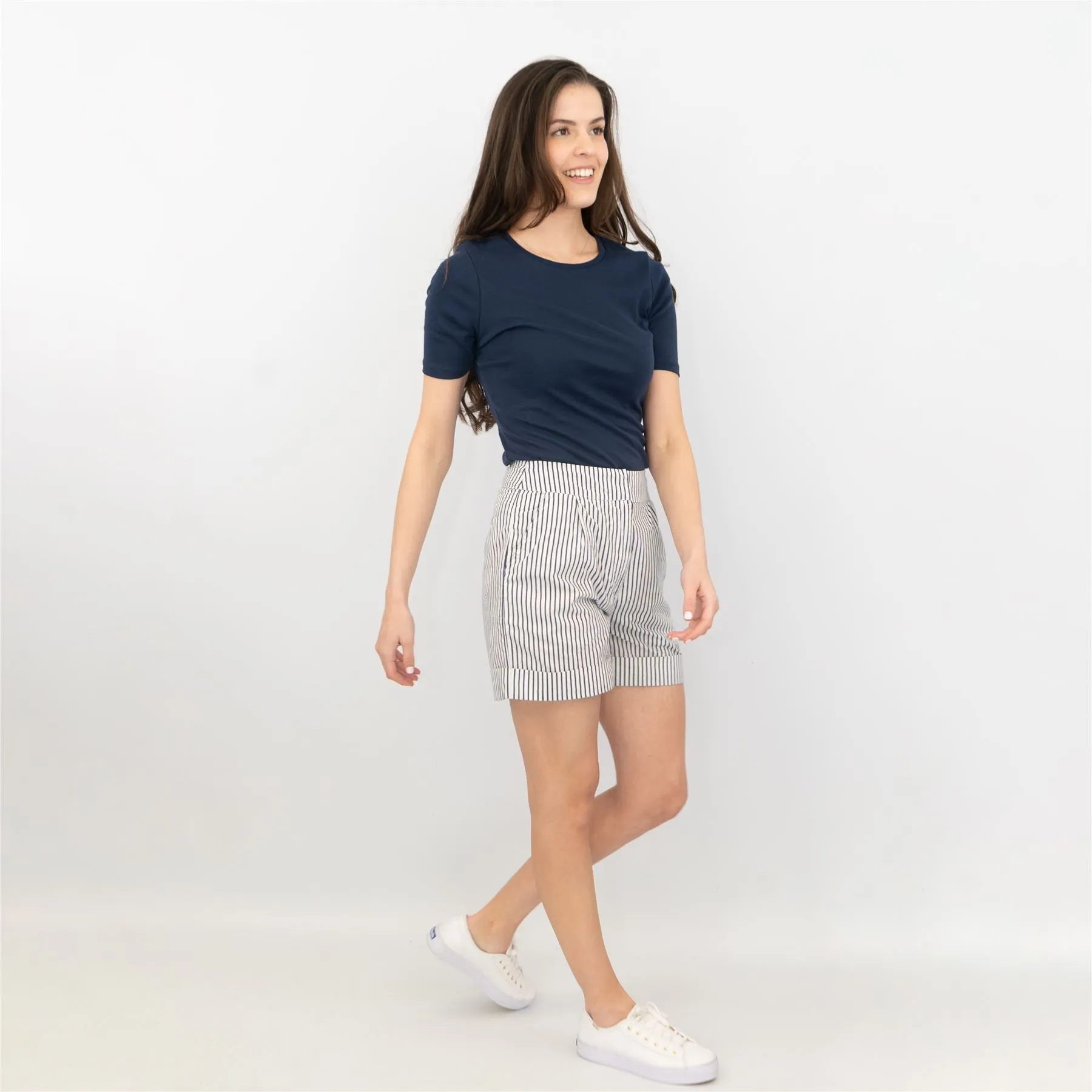 I Saw It First Women White Blue Stripe Casual Shorts with Pockets