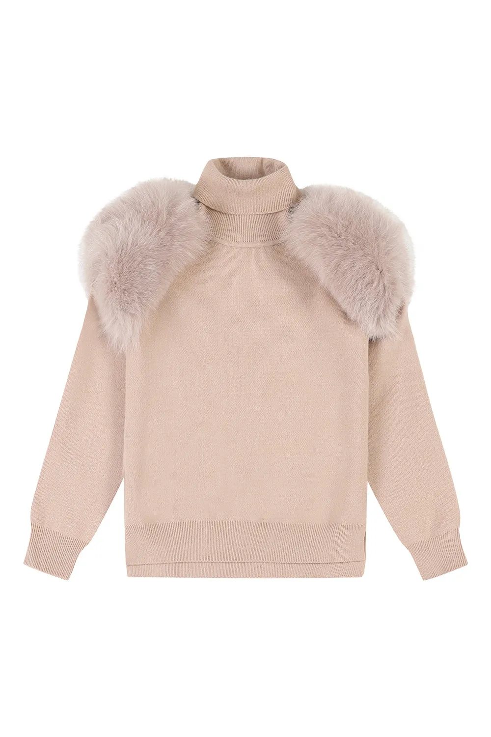 Knitted sweater set with fur shoulder - CAPPUCCINO