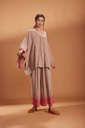 MATI KAFTAN TOP AND PANTS SET KHAKI WITH CORAL