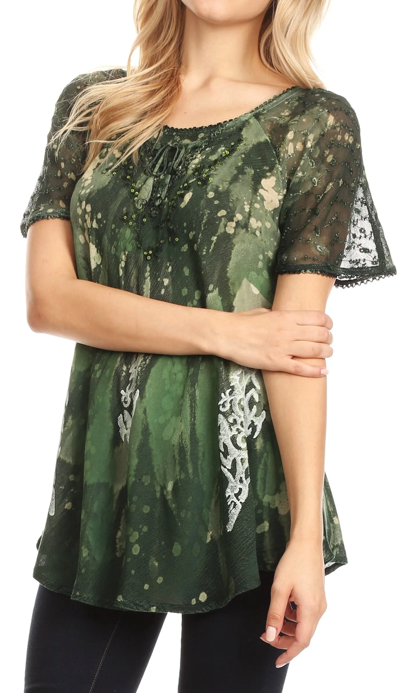 Sakkas Jannat  Short Sleeve Casual Work Top Blouse in Tie-Dye with Embroidery Lace