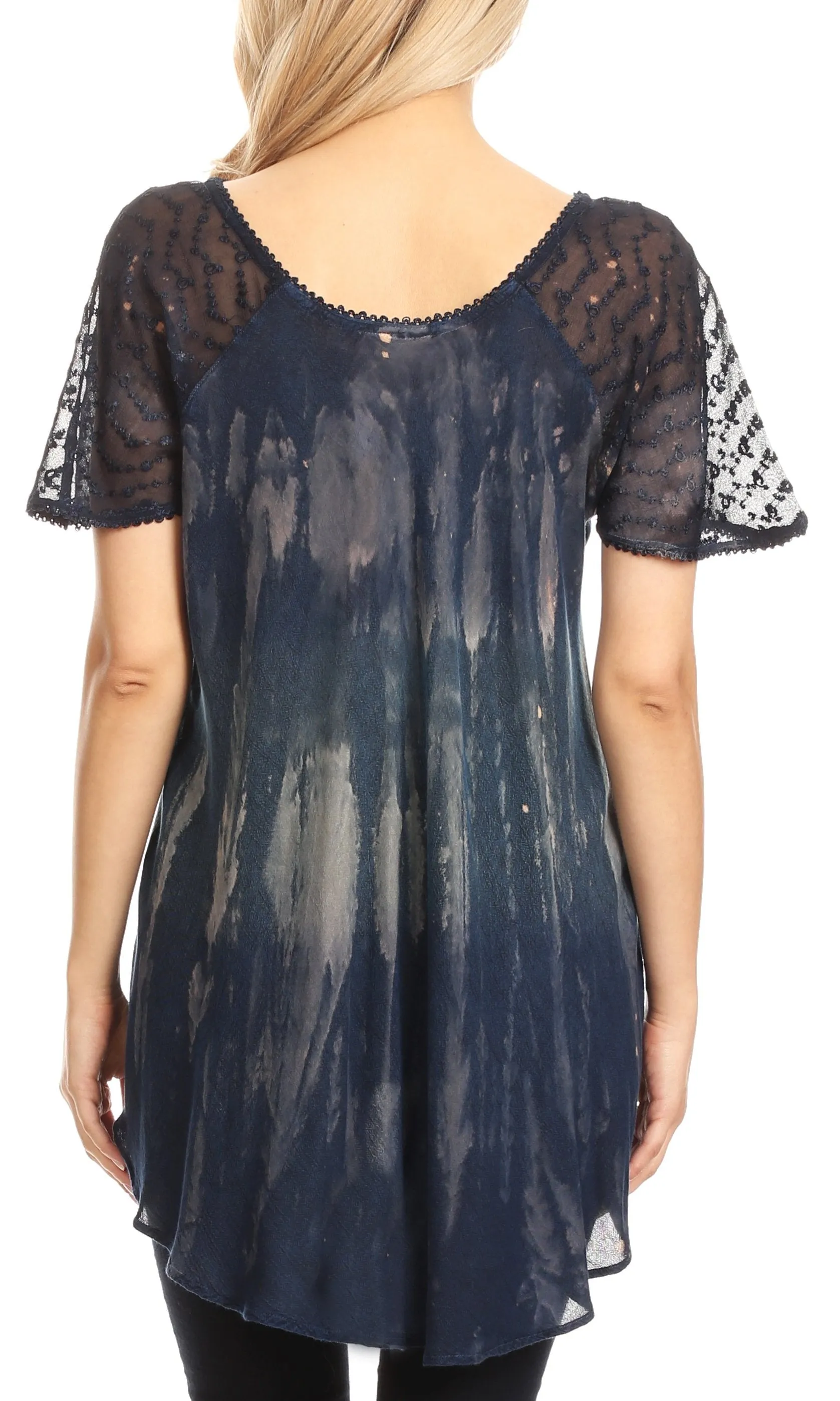 Sakkas Jannat  Short Sleeve Casual Work Top Blouse in Tie-Dye with Embroidery Lace