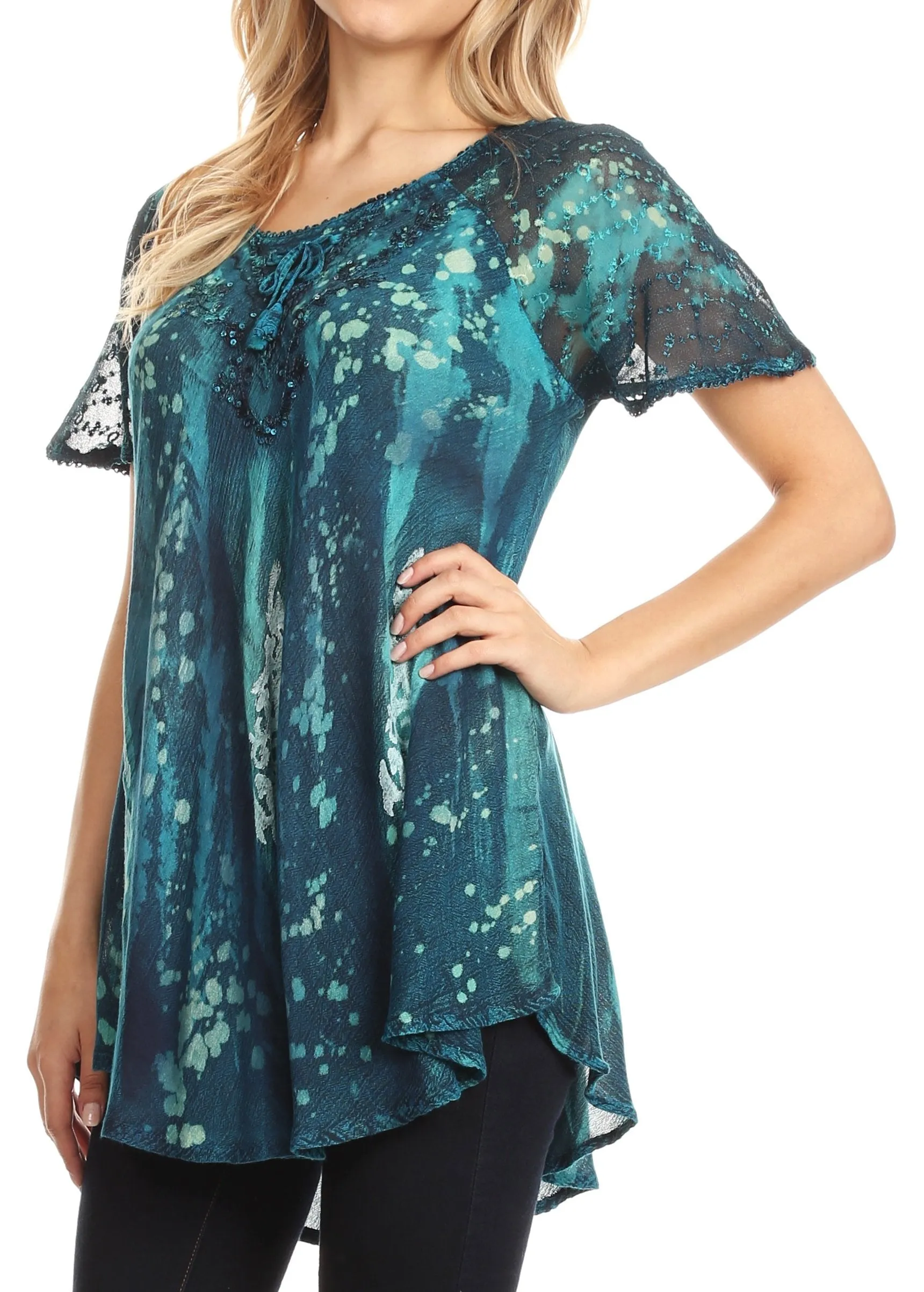 Sakkas Jannat  Short Sleeve Casual Work Top Blouse in Tie-Dye with Embroidery Lace