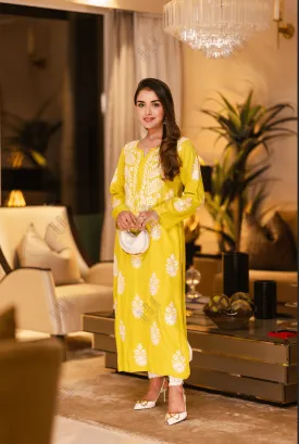 Shivani in chikankari Kurta in Lemon Green