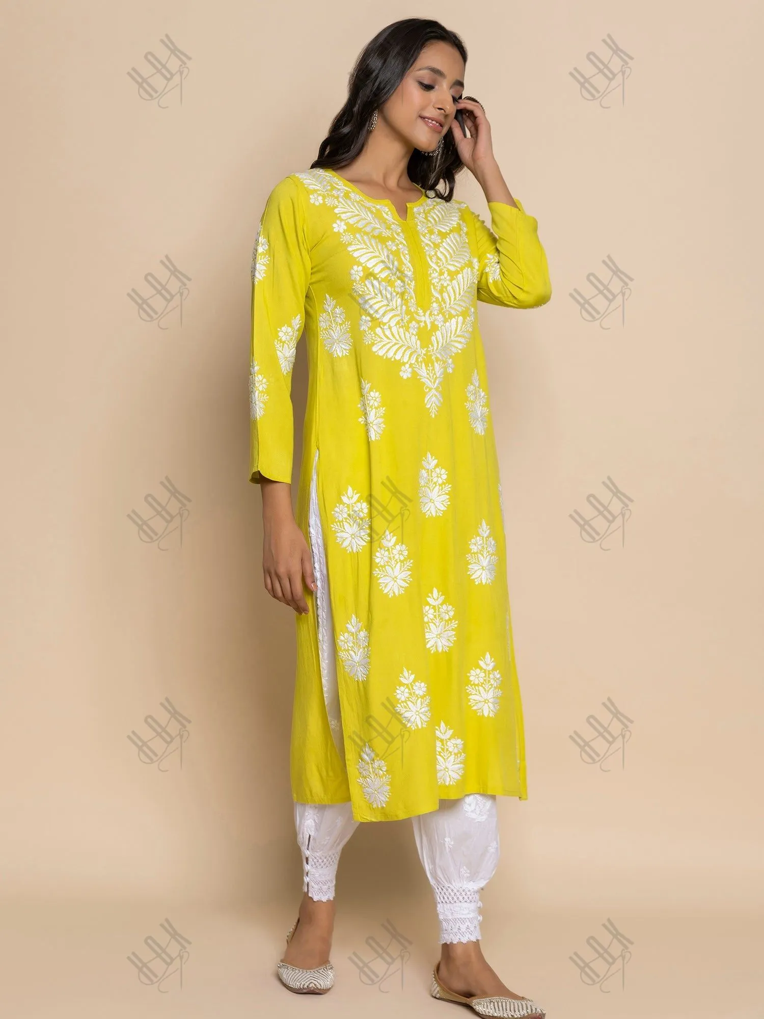 Shivani in chikankari Kurta in Lemon Green