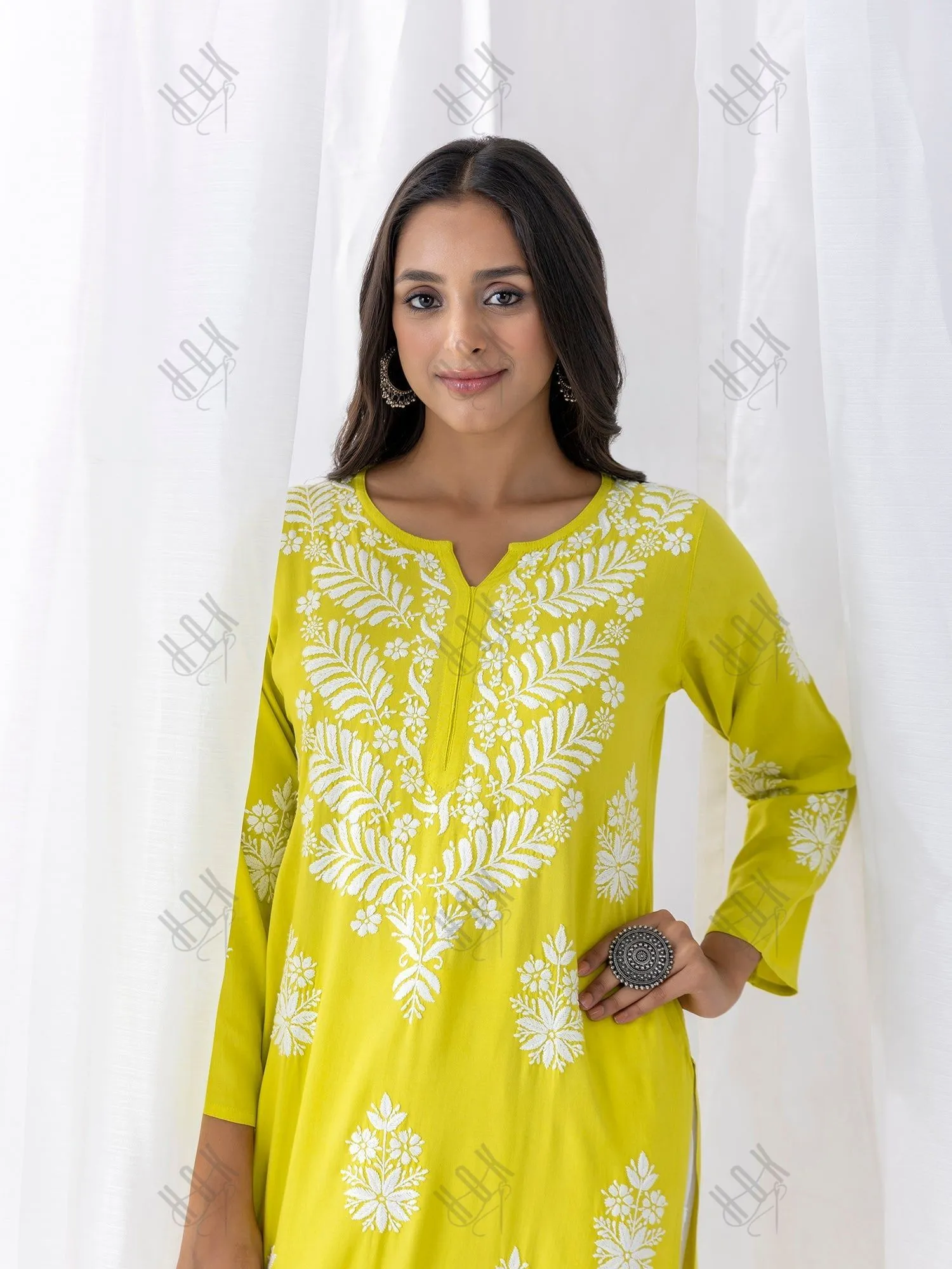 Shivani in chikankari Kurta in Lemon Green