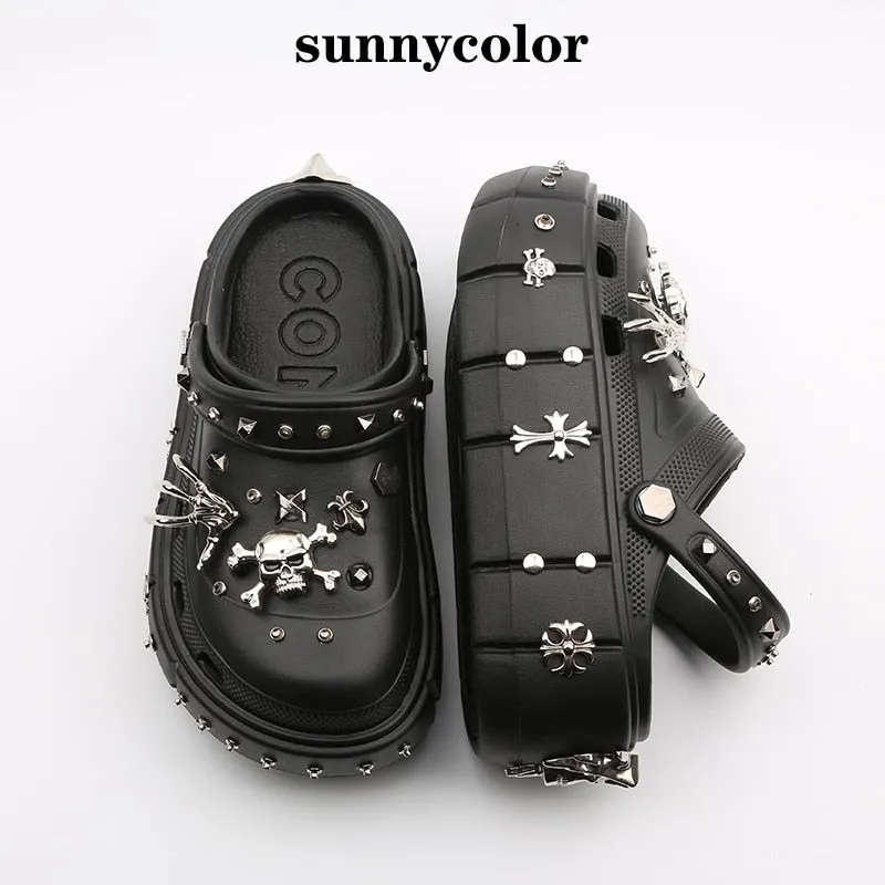 Sunny Color Rivet Hole Shoes Women&#39;s Summer Thick Bottom Punk Retro Fashion Ins Trend Closed-Toe Slippers