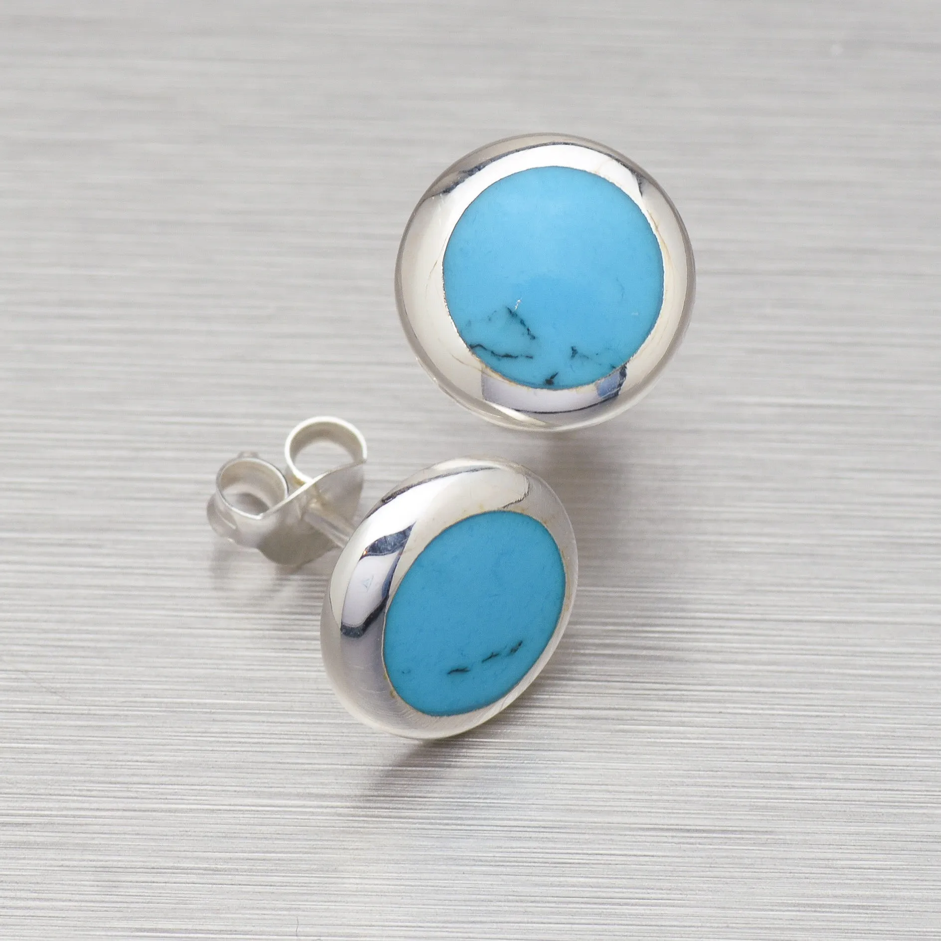 Turquoise Shell Round Silver Stud Earrings.